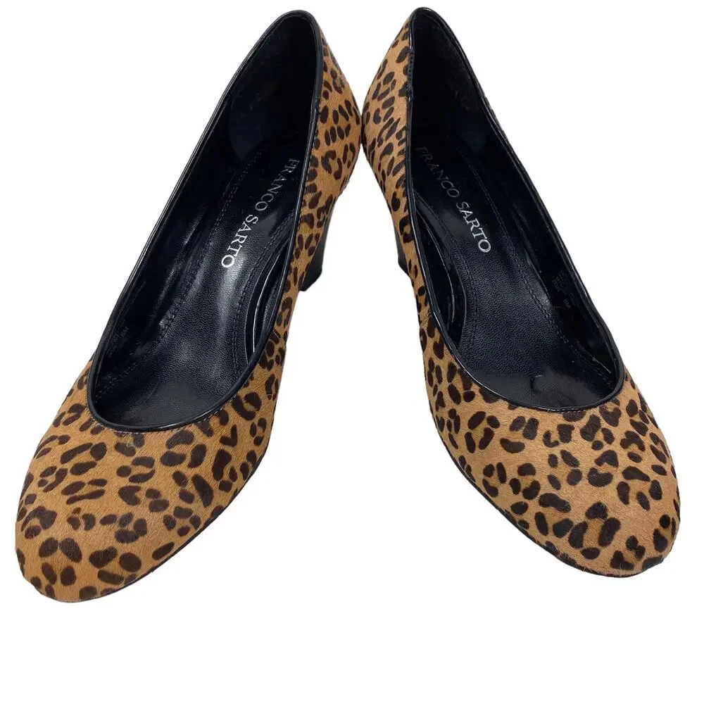 Franco Sarto Zeus Wedge Heels Animal Print Leopard Calf Hair Pumps Womens 8M